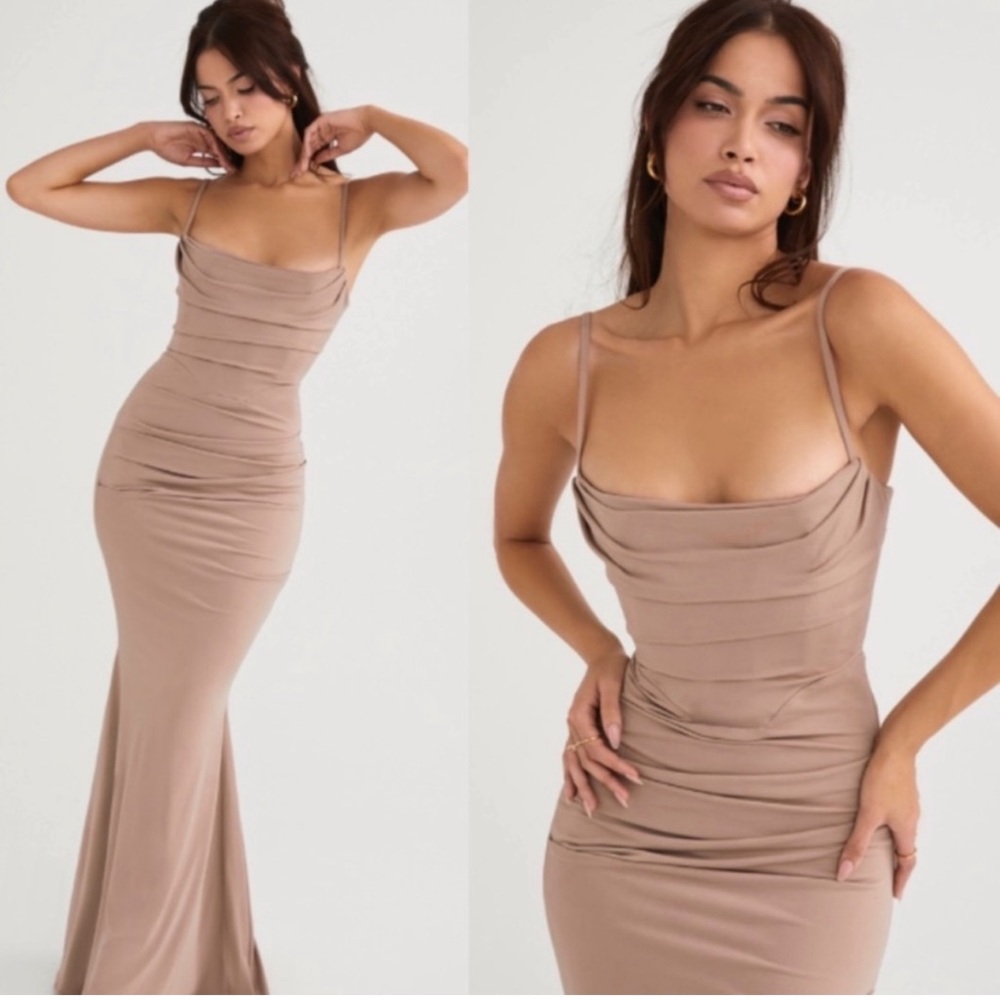 #129 House of CB Milena inspired Almond Corset Green Double Layer Maxi Dress